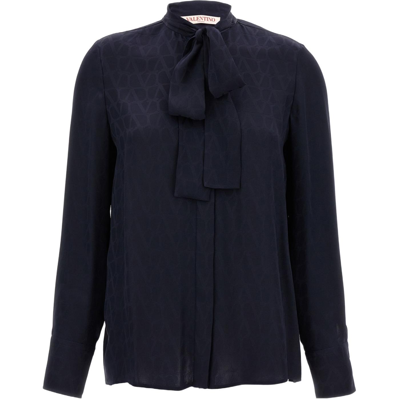 (Women) Valentino FW24 All-Over Print Scarf Collar Navy Blue  Shirt. BAB5T77TK598
