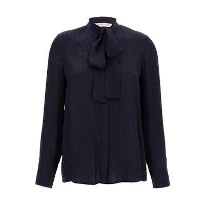(Women) Valentino FW24 All-Over Print Scarf Collar Navy Blue Shirt. BAB5T77TK598