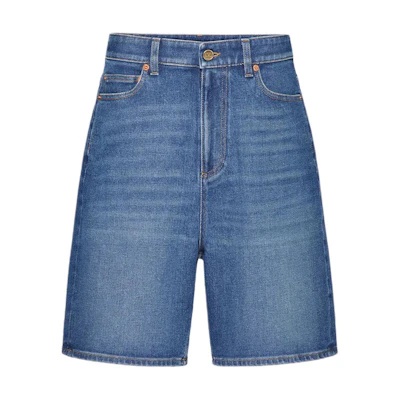 (Women) Valentino FW24 Solid Logo Bermuda Denim Shorts Womens Deep Denim Blue 5B3DD18F8SS558