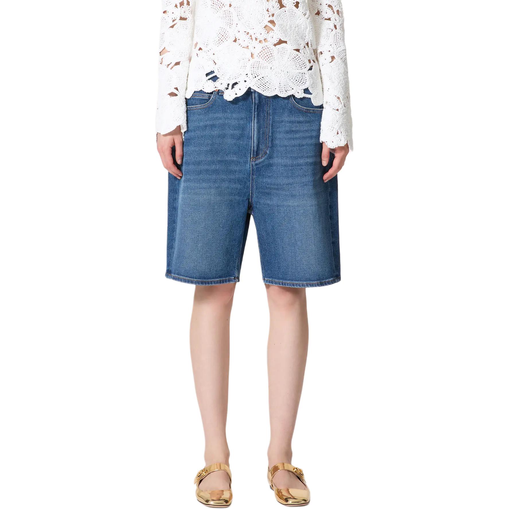 Lookbook (Women) Valentino FW24 Solid Logo Bermuda Denim Shorts Womens Deep Denim Blue 5B3DD18F8SS558