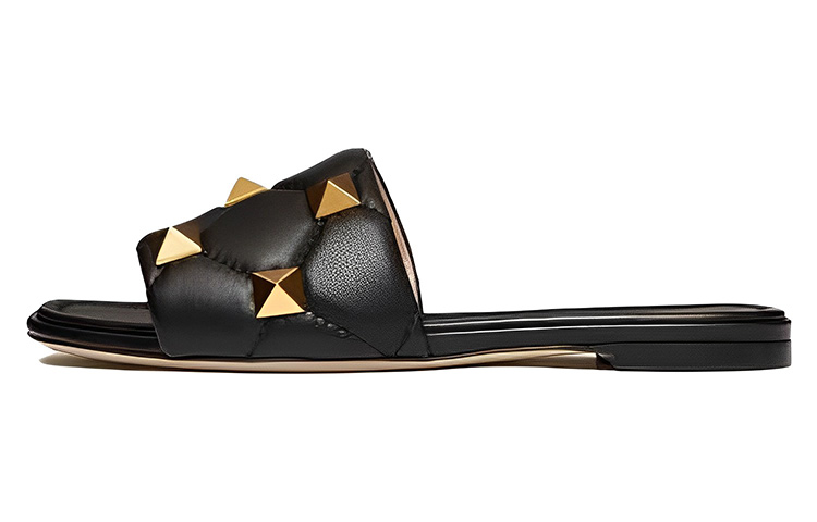 (Women) Valentino Garavani 'Black Roman Stud Flat Slides' 1W2S0BK4ZCG0NO