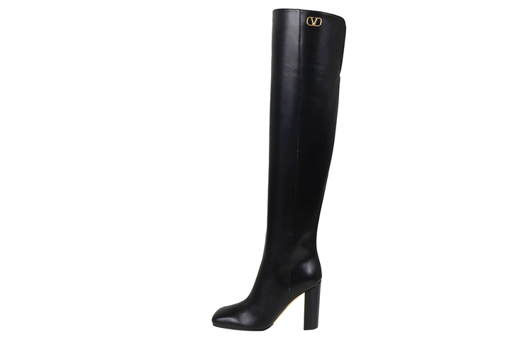 (W) Valentino Garavani Leather Logo Block Heel Tall Boots 'Black'