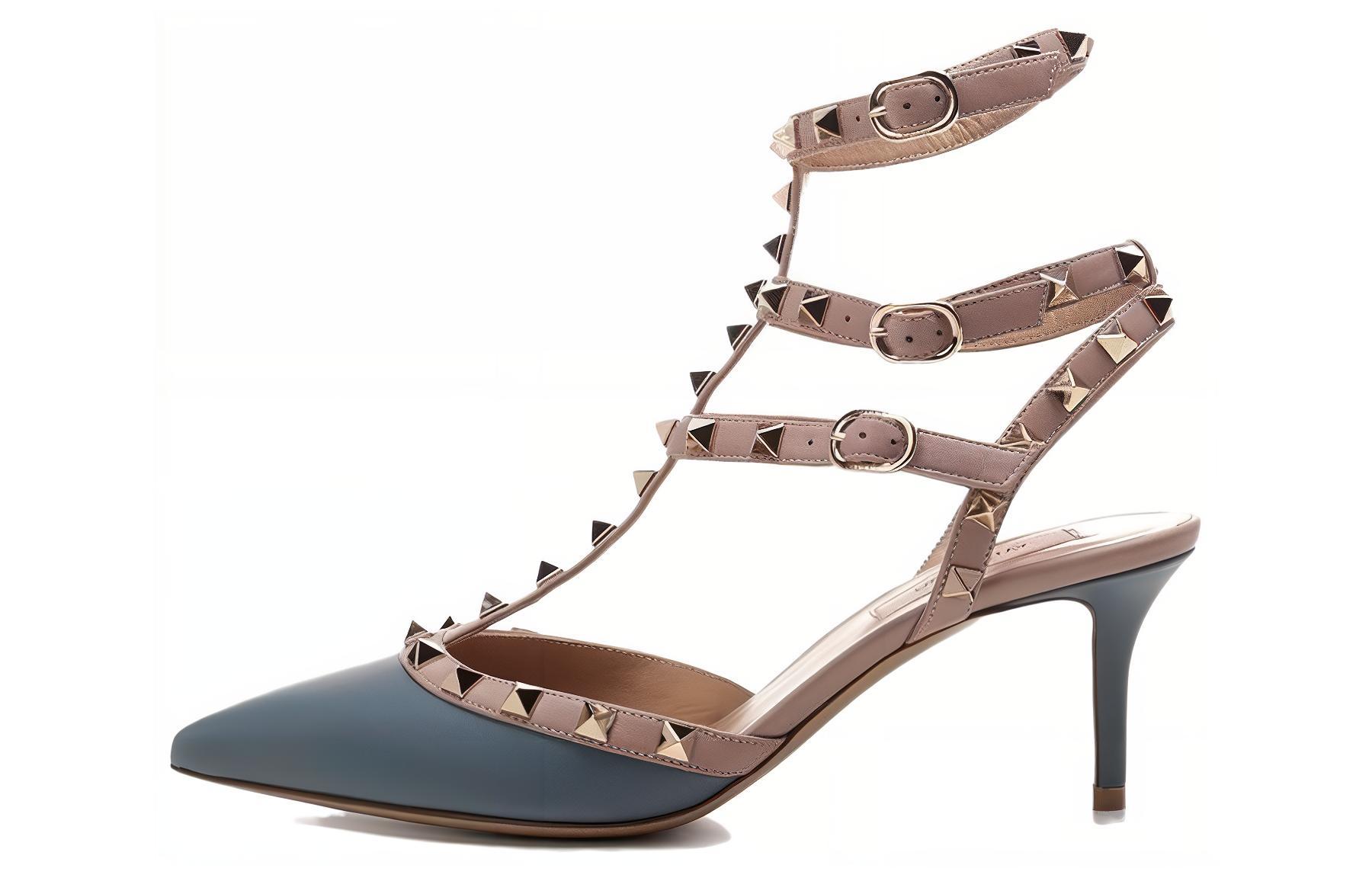 (Women) Valentino Garavani Leather Studded Stiletto Heels 6.5cm Blue TW2S0375VOD20E