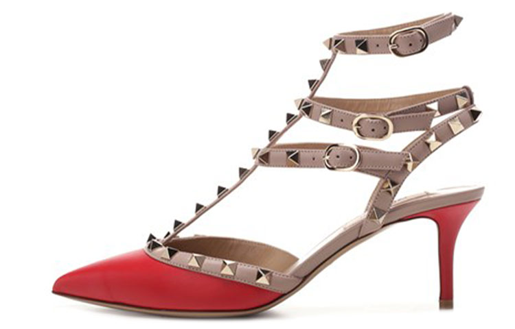 (W) Valentino Garavani Rockstud 'Triple Strap Red High Heels'