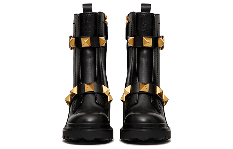 Shop Valentino 華倫天奴 Garavani Roman Stud 小牛皮時尚短筒靴 女款 黑色