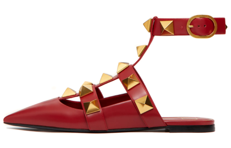 (Women) Valentino Garavani Roman Stud Calfskin Low Ballet Flat Red VW0S0BY5ZWM0RO
