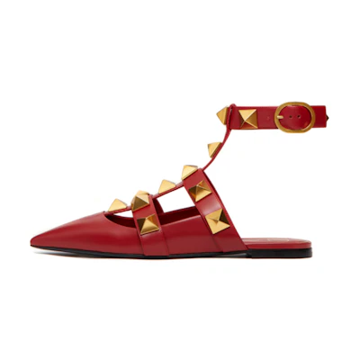 (W) Valentino Garavani Roman Stud Calfskin Low Ballet Flat Red