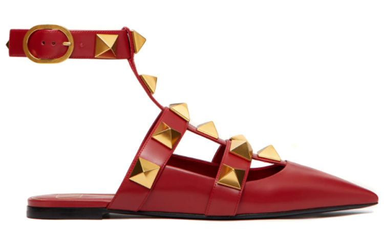 Order (W) Valentino Garavani Roman Stud Kasut Ballerina Kulit Anak Lembu Merah Rendah VW0S0BY5ZWM0RO