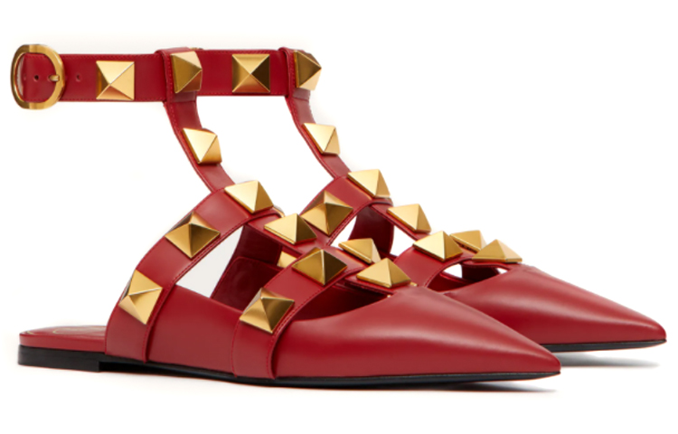 Lookbook (W) Valentino Garavani Roman Stud Kasut Ballerina Kulit Anak Lembu Merah Rendah VW0S0BY5ZWM0RO