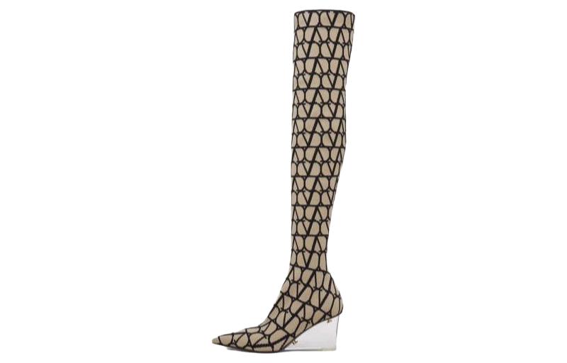 (Women) Valentino Knit Stretch Pointed-Toe Over-The-Knee Boots 'Beige' 3W2S0HI5FITKD1
