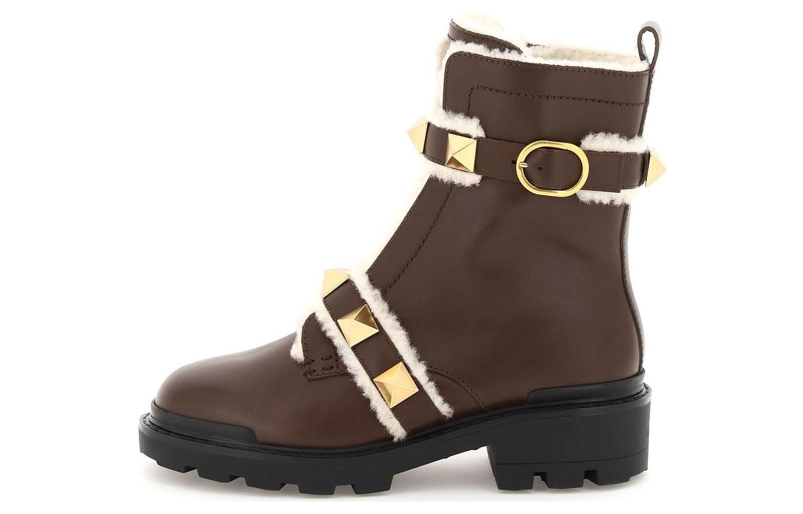 (W) Valentino Leather Buckle Round-Toe 'Fashion Ankle Boot Brown'