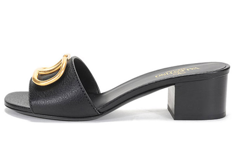 (W) Valentino Leather Mid-Heel Sandal Slides 'Black'