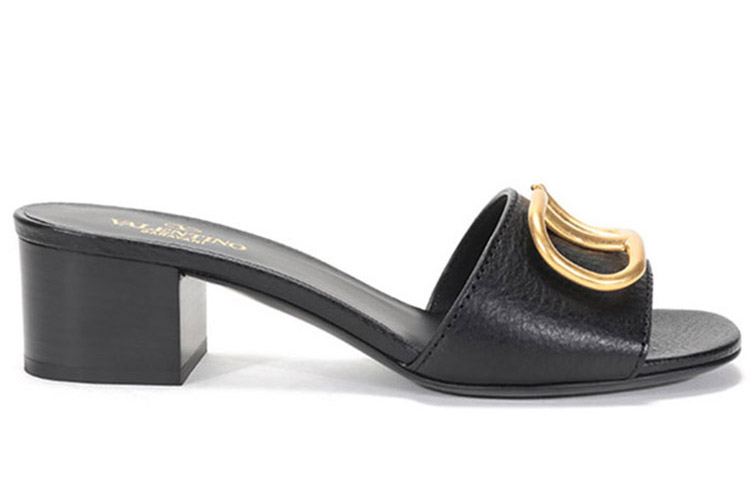 (W) Valentino Leather Mid-Heel Sandal Slides 'Black' 圖 2