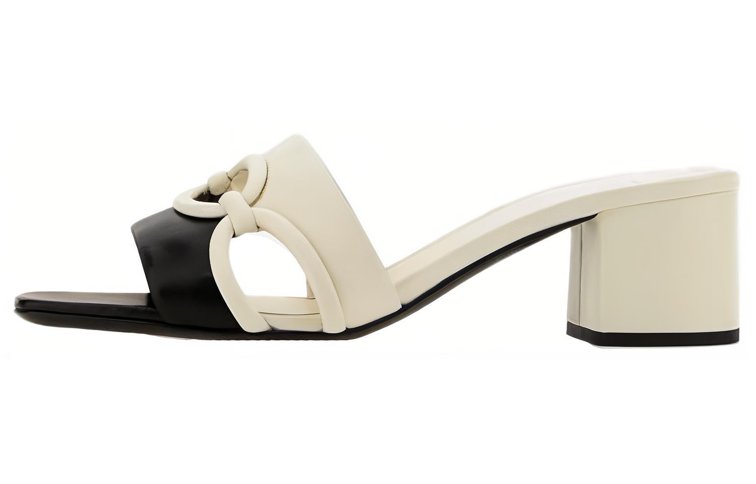 (Women) Valentino Leather Open Toe Block Heel Slide 'Beige Black' 2W2S0GH8ZUC790