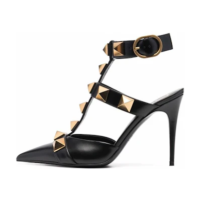 (W) Valentino Leather Pointed Toe 'Black Buckle Stilettos'