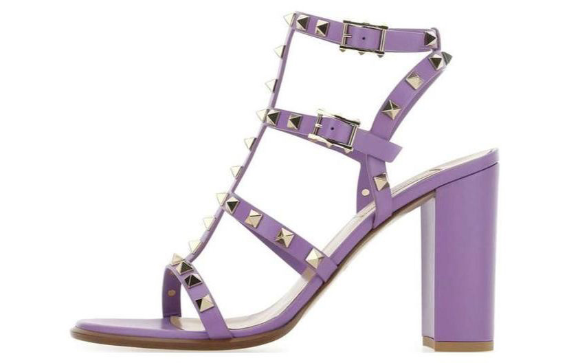 (Women) Valentino Leather Round-Toe Buckle Block Heel with Studs 'Fashion Slide Purple' 2W2S0749VBP699