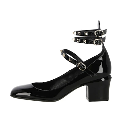 (W) Valentino Leather Round-Toe Buckle Block Heels 'Black'