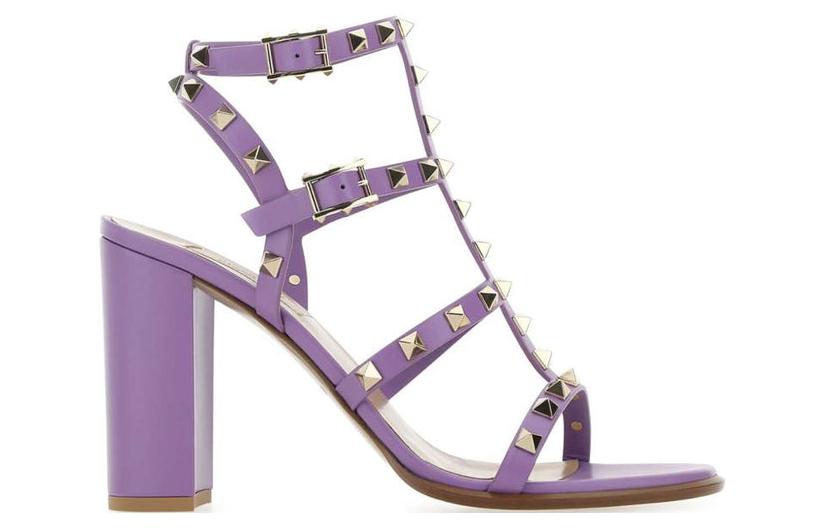 (W) Valentino Leather Round-Toe Buckle Block Heel with Studs 'Fashion Slide Purple' 圖 2