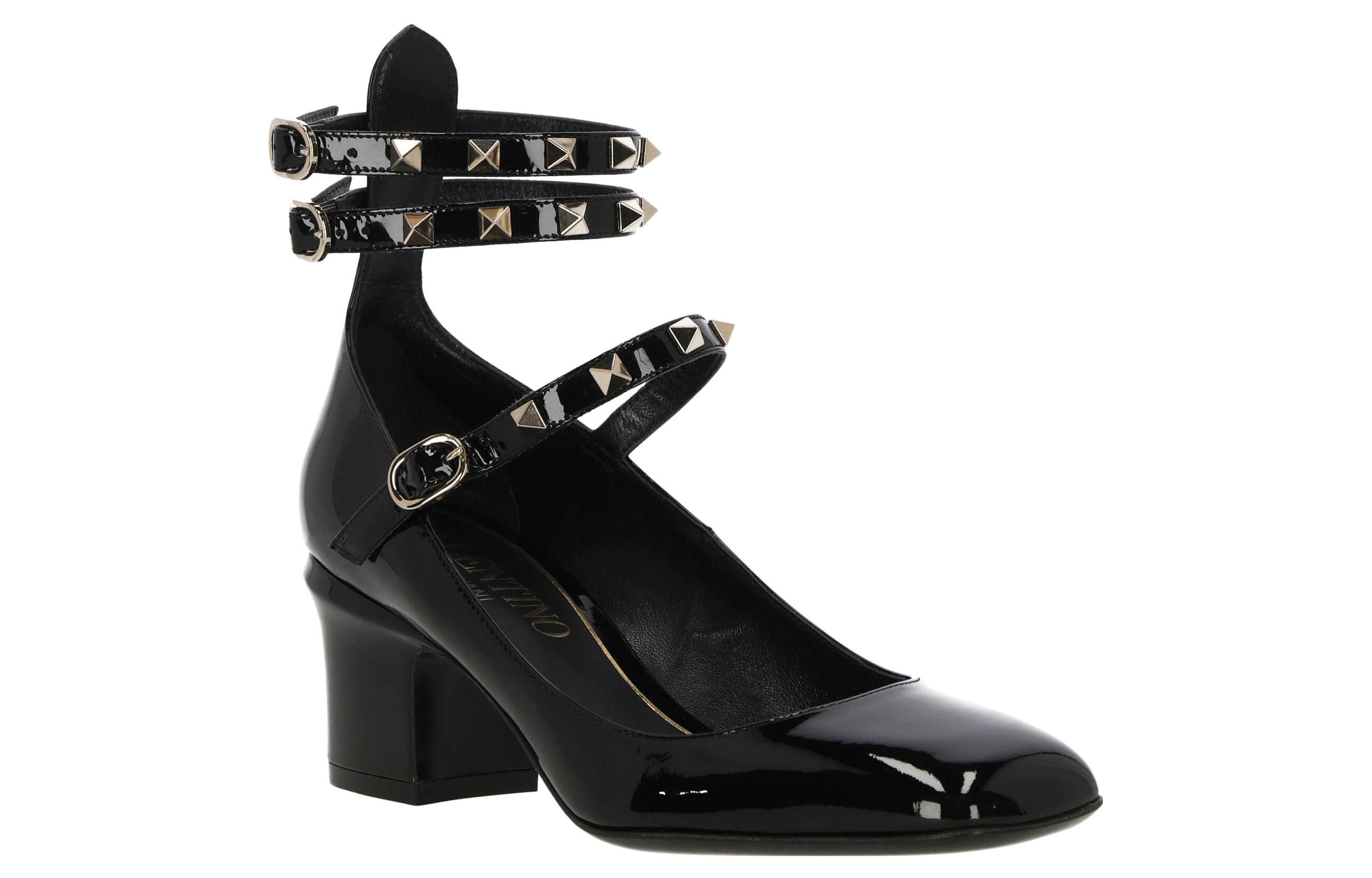 Order (W) ヴァレンティノ レザーラウンドトゥバックルブロックヒール (黒) 2W2S0GJ2HNQ0NO