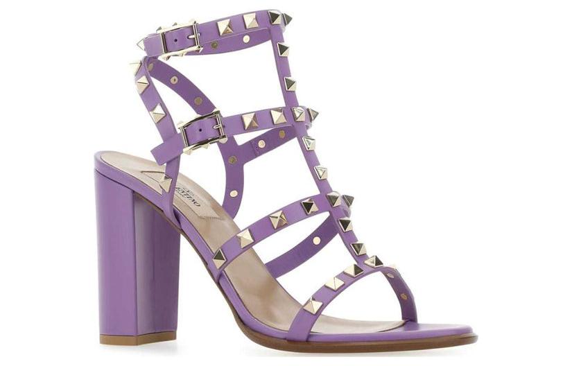 (W) Valentino Leather Round-Toe Buckle Block Heel with Studs 'Fashion Slide Purple' 圖 3