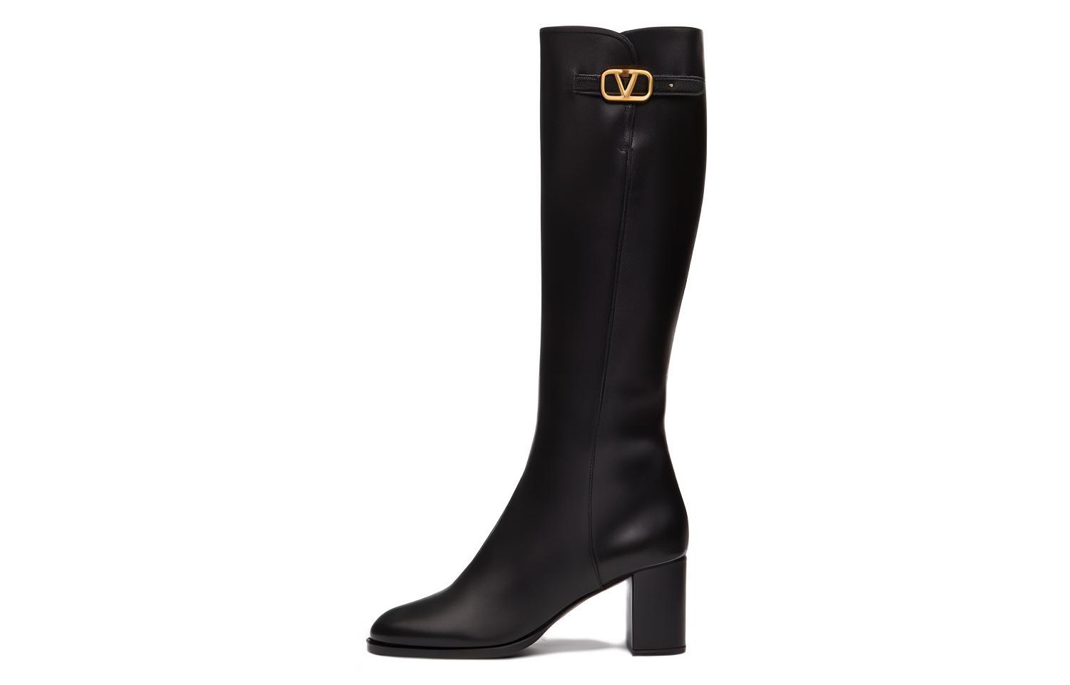 (Women) Valentino Leather Round-Toe High-Heeled Tall Boots 'Black' 3W0S0HY0DSH0NO