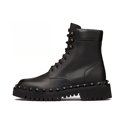 (W) Valentino Leather Round Toe Lace-Up Ankle Boots 'Black'