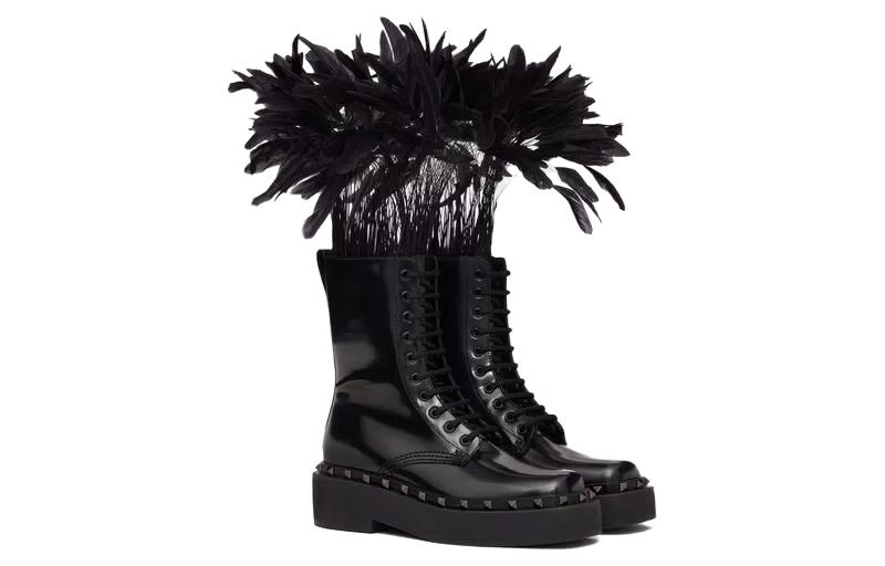 Lookbook (W) Bottes Courtes à Lacets en Cuir Valentino à Talons Épais ''Noir''. 3W0S0HZ3UCV0NO