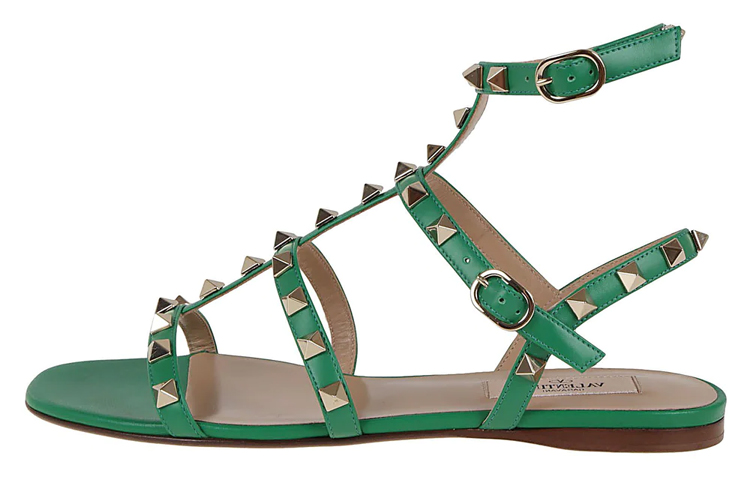 (W) Valentino Leather Studded Buckle Sandal 'Green'