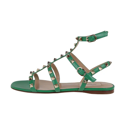 (W) Valentino Leather Studded Buckle Sandal 'Green'