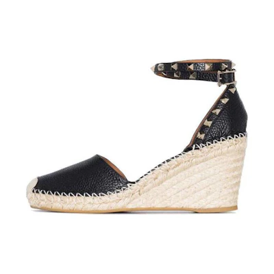 (W) Valentino Leather Studded Buckle Wedge 'Black Beige'