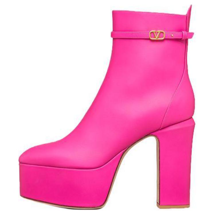 (W) Valentino Leather Zip Round-Toe Chunky Heel Ankle Boots 'Pink'