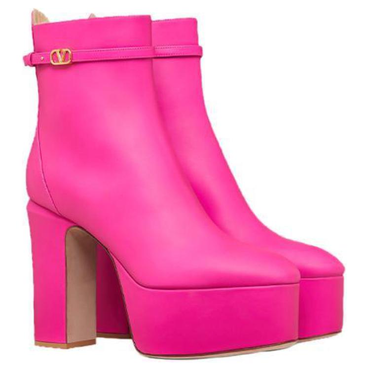 (W) Valentino Leather Zip Round-Toe Chunky Heel Ankle Boots 'Pink' 圖 3