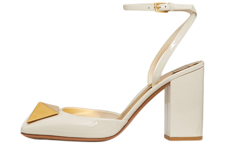 (W) Valentino One Stud 'White Patent Buckle Block Heel'