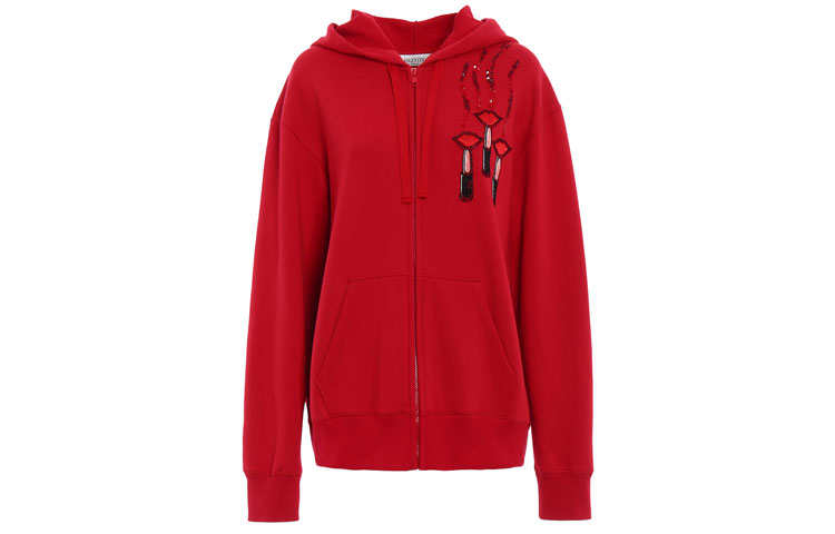 (Women) Valentino Red Hoodie with Lipstick Embroidery and Zipper Pattern PB3MF03Z3TQ157