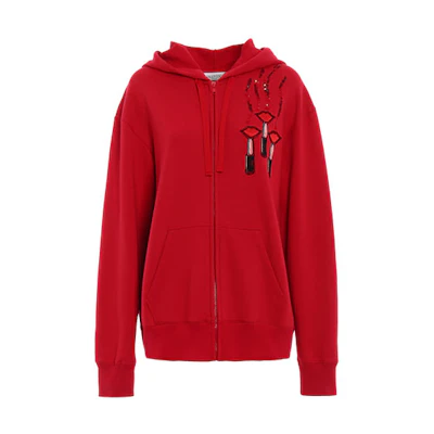 (Women) Valentino Red Hoodie with Lipstick Embroidery and Zipper Pattern PB3MF03Z3TQ157