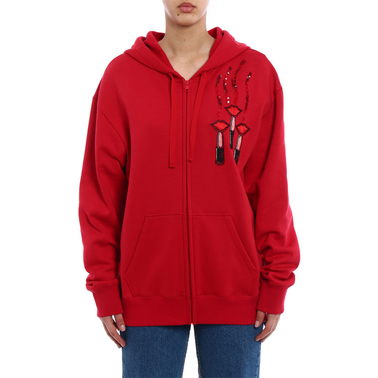 Shop (W) 발렌티노 레드 후디 립스틱 자수 및 지퍼 패턴 디자인 PB3MF03Z3TQ157