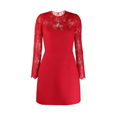 (Women) Valentino Red Lace Long Sleeve A-Line Dress SB3VA1H01CF157