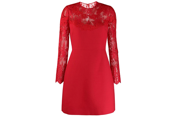 Order (W) Valentino Vestido Rojo de Encaje Manga Larga Corte Línea-A SB3VA1H01CF157