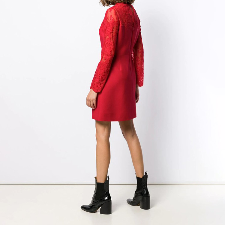Shop (W) Valentino Vestido Rojo de Encaje Manga Larga Corte Línea-A SB3VA1H01CF157