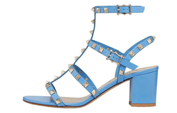(W) Valentino Rockstud 'Blue Studded Block Heel Sandal'