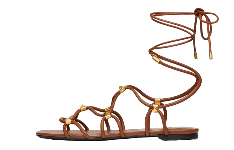(W) Valentino Rockstud 'Brown Gladiator Flat Sandals'