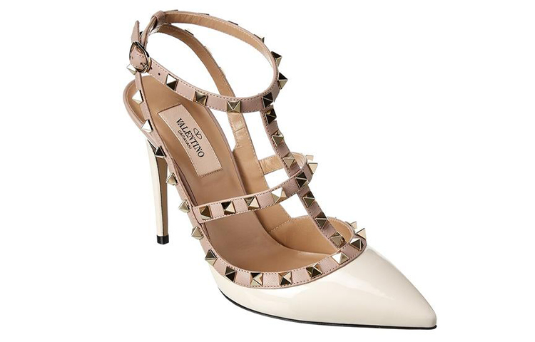 Shop 華倫天奴 VALENTINO Rockstud 皮革鉚釘搪瓷搭扣舒適細跟高跟鞋 女款 淡粉色