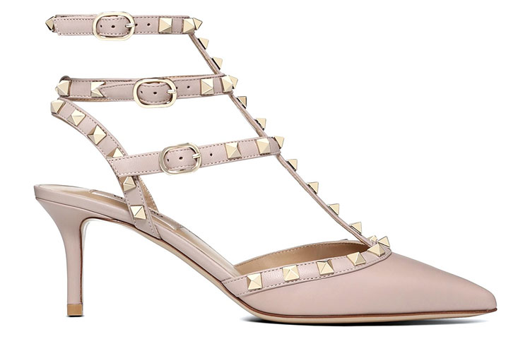 Order 華倫天奴 Rockstud 皮革 時尚簡約休閒尖頭搭扣 細跟 高跟鞋 6.5cm 女款 粉色