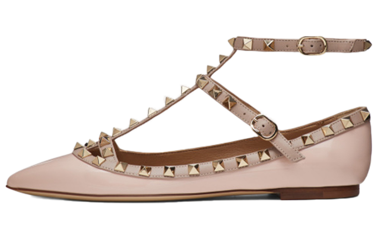 (W) Valentino Rockstud 'Pink Patent Ankle-Strap Ballet Flats'