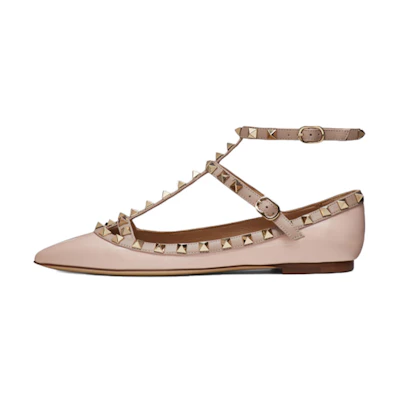 (W) Valentino Rockstud 'Pink Patent Ankle-Strap Ballet Flats'