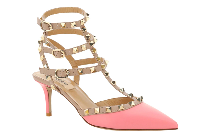 Order 華倫天奴 Rockstud 皮革 尖頭 鉚釘 細跟 高跟鞋 6.5cm 女款 粉色