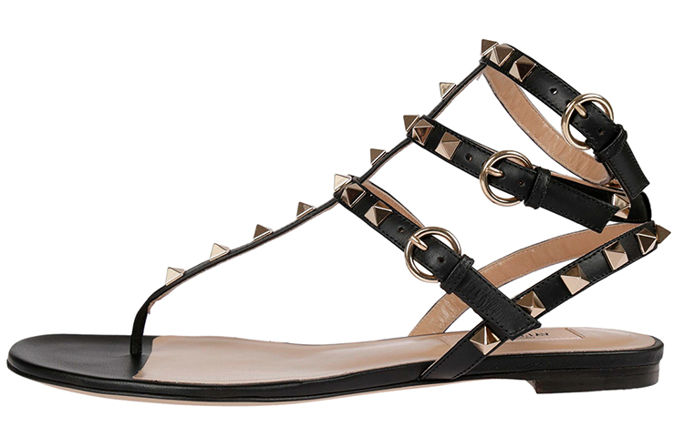 (W) Valentino Rockstud 'Smooth Flat Sandal Black'