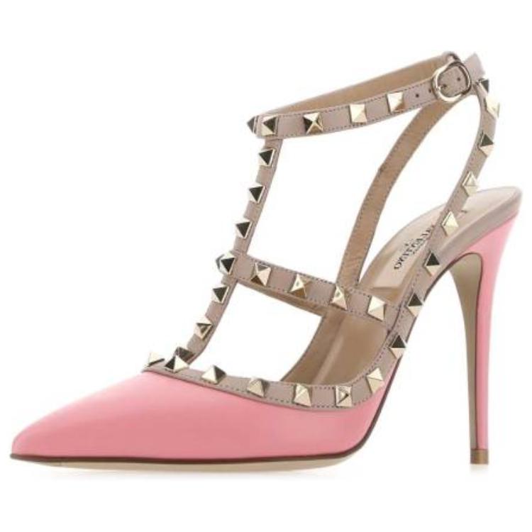 Shop 華倫天奴 皮革 搭扣鉚釘 細跟 高跟鞋 女款 粉色