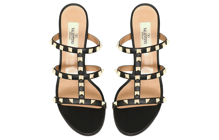 Shop (W) Valentino Rockstud Sandal Kulit Hitam Terbuka dengan Studs ZW2S0C47VOD0NO