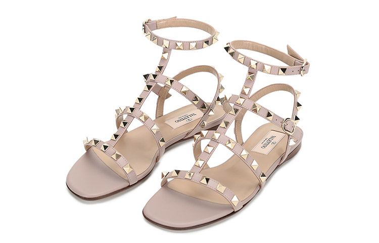 (W) Valentino Rockstud Flat Calfskin Sandal 'Grey Pink' 圖 3